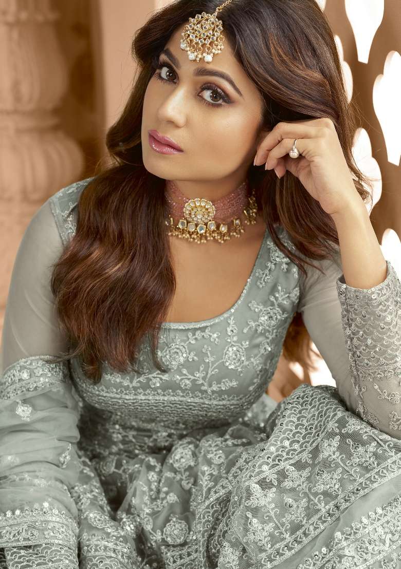 Grey Embroidered Net Kurta Set - Indya