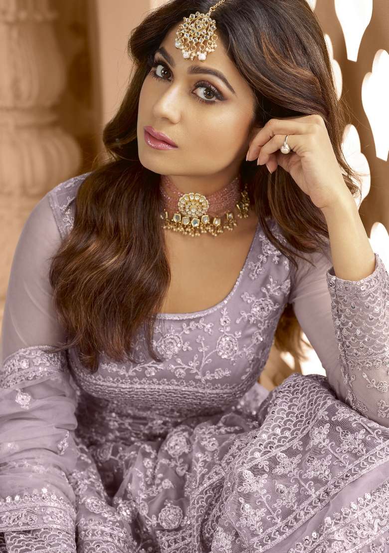 Purple Embroidered Net Kurta Set - Indya