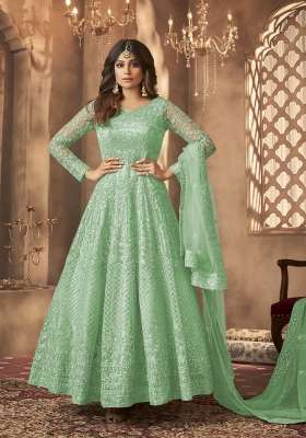 Green Embroidered Net Kurta Set