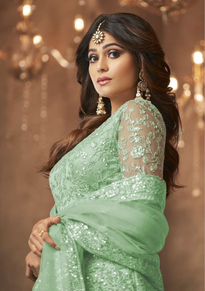 Green Embroidered Net Kurta Set - Indya