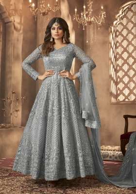 Grey Embroidered Net Kurta Set