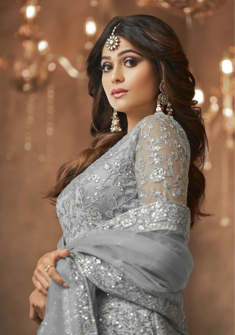 Grey Embroidered Net Kurta Set - Indya