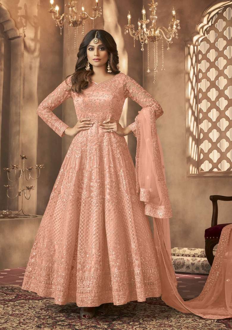 Peach Embroidered Net Kurta Set - Indya