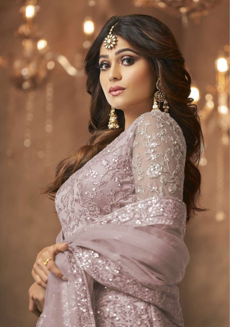 Purple Embroidered Net Kurta Set - Indya