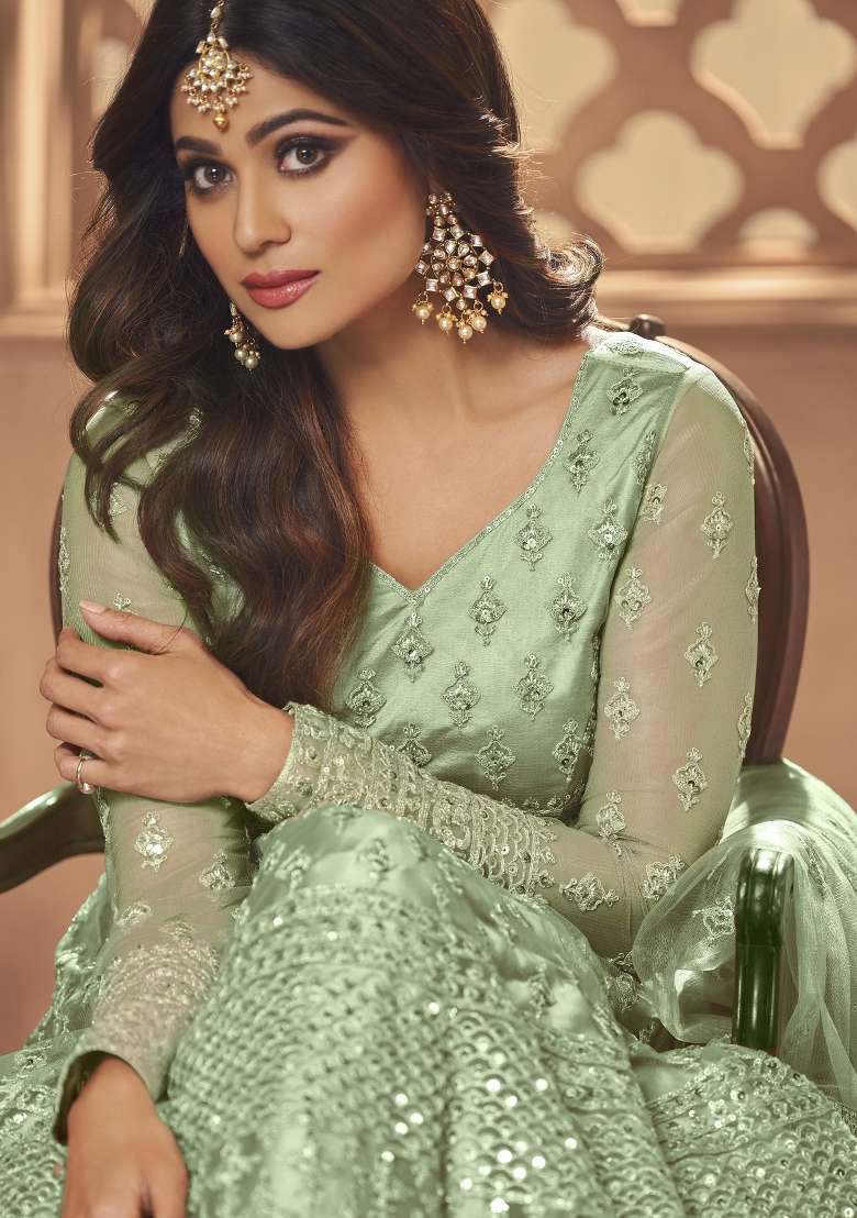 Green Embroidered Net Kurta Set - Indya