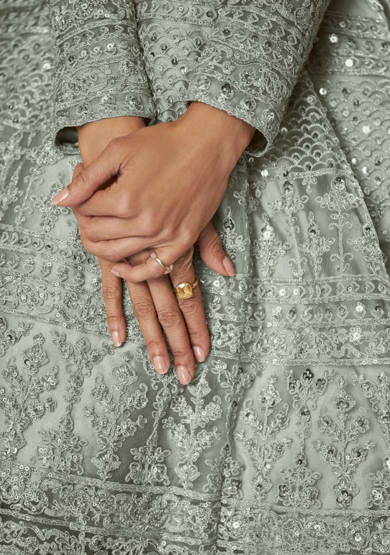 Grey Embroidered Net Kurta Set - Indya