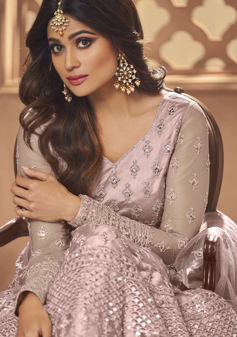 Purple Embroidered Net Kurta Set - Indya