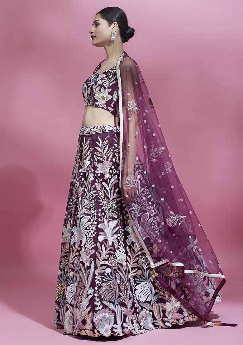 Burgundy Sequin Embroidered Pure Georgette Lehenga Set - Indya