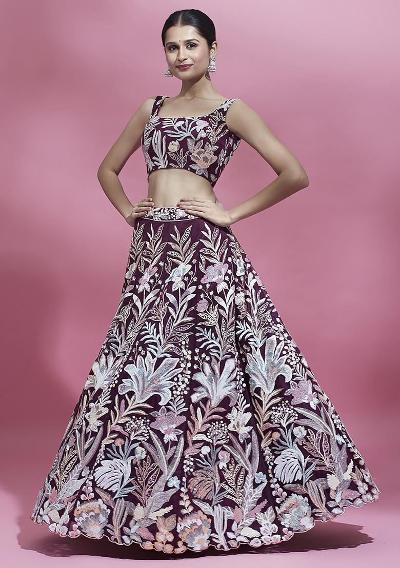 Burgundy Sequin Embroidered Pure Georgette Lehenga Set - Indya