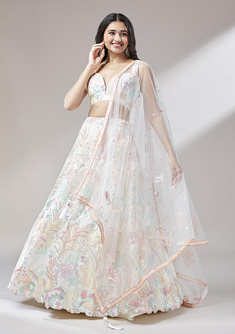 Cream Sequin Embroidered Pure Georgette Lehenga Set - Indya