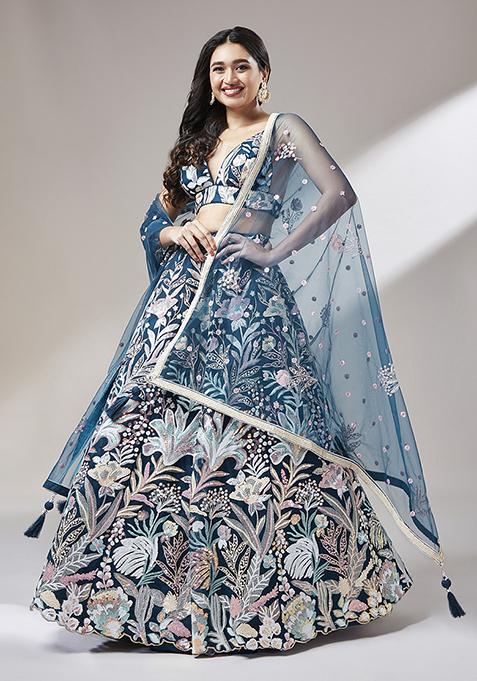 Navy Blue Sequin Embroidered Pure Georgette Lehenga Set