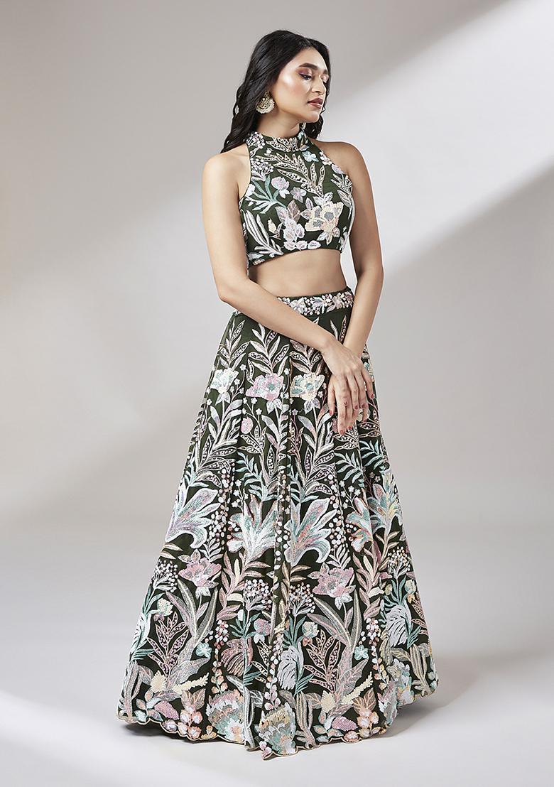 Olive Sequin Embroidered Pure Georgette Lehenga Set - Indya