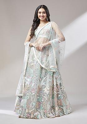 Lime Green Sequin Embroidered Pure Georgette Lehenga Set