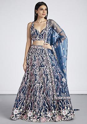 Navy Blue Sequin Embroidered Georgette Lehenga Set