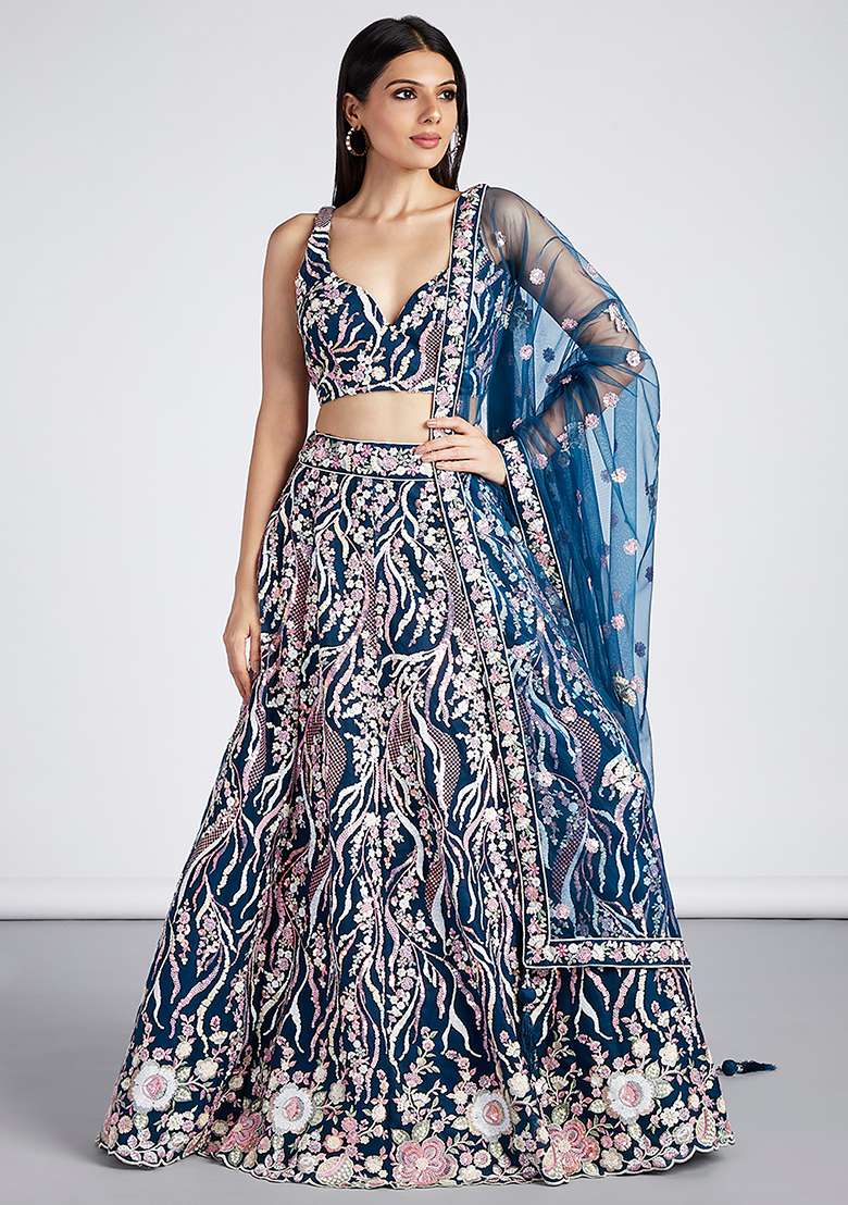 Navy Blue Sequin Embroidered Georgette Lehenga Set - Indya