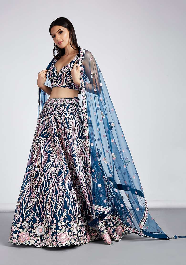 Navy Blue Sequin Embroidered Georgette Lehenga Set - Indya