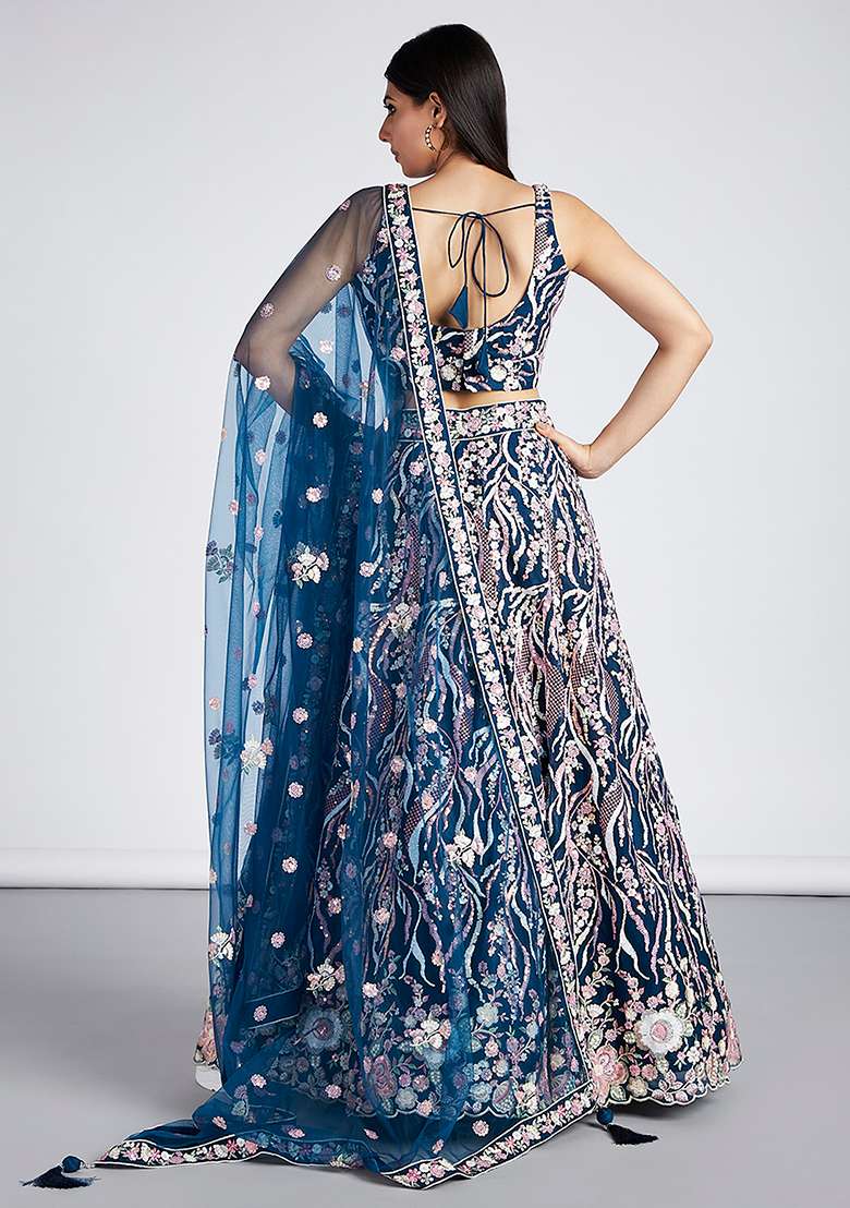 Navy Blue Sequin Embroidered Georgette Lehenga Set - Indya