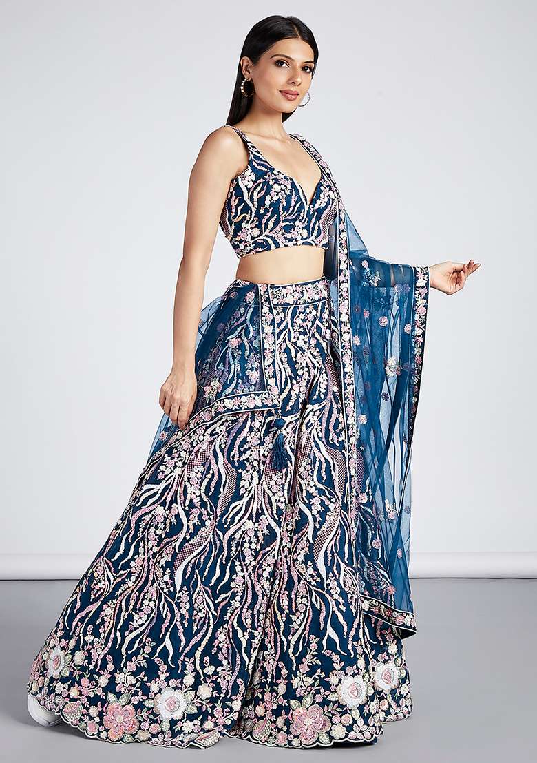 Navy Blue Sequin Embroidered Georgette Lehenga Set - Indya