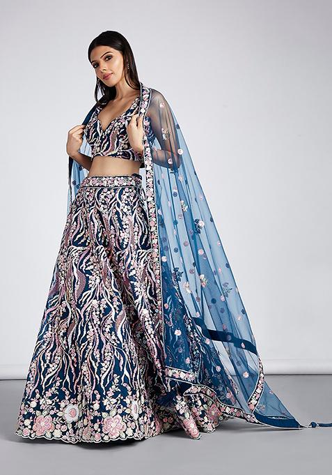 Dark Navy Blue Lehenga Set with Floral Sequin Work
