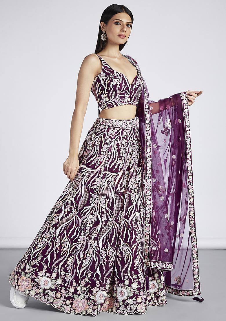 Burgundy Sequin Embroidered Lehenga Set - Indya
