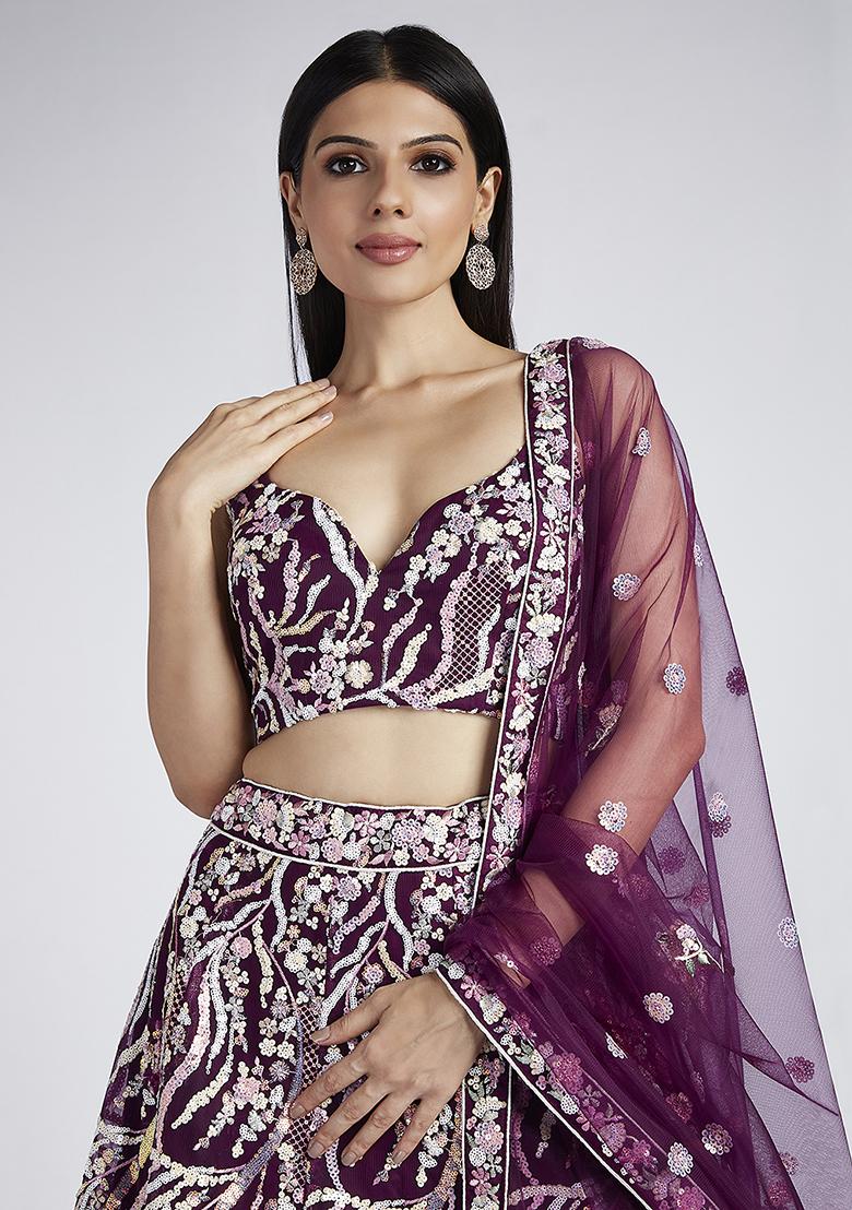 Burgundy Sequin Embroidered Lehenga Set - Indya