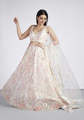 Cream Sequin Embroidered Georgette Lehenga Set