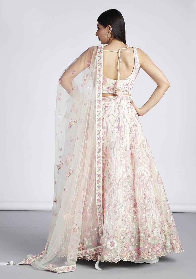 Cream Sequin Embroidered Georgette Lehenga Set - Indya