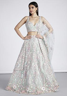 Lime Green Sequin Embroidered Georgette Lehenga Set