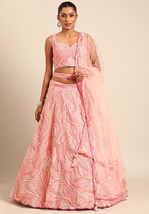 Pink Sequin Embroidered Georgette Lehenga Set