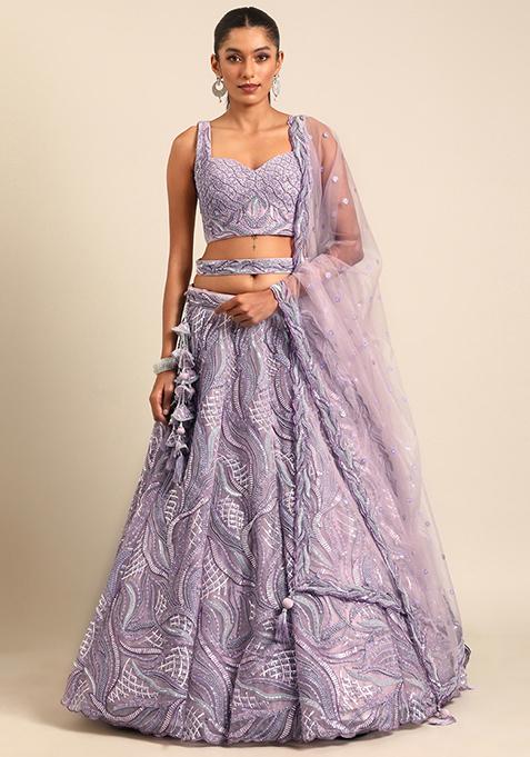 Lavender Embroidered Pure Georgette Lehenga Choli Set