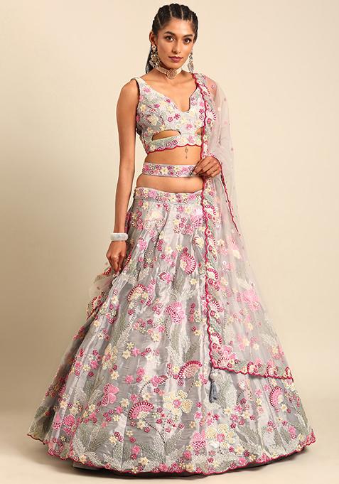 Grey Sequin Embroidered Pure Georgette Lehenga Set