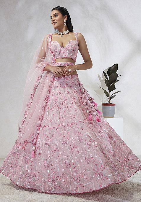 Pink Sequin Embroidered Pure Georgette Lehenga Choli Set