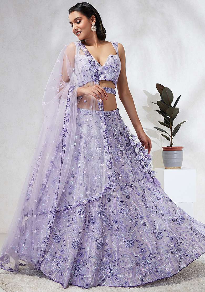 Lavender Sequin Embroidered Pure Georgette Lehenga Choli Set - Indya
