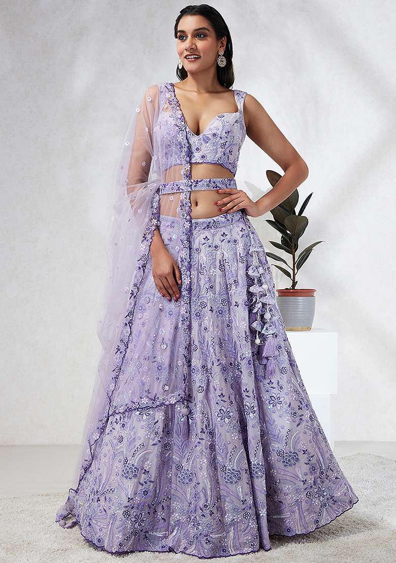 Lavender Sequin Embroidered Pure Georgette Lehenga Choli Set - Indya