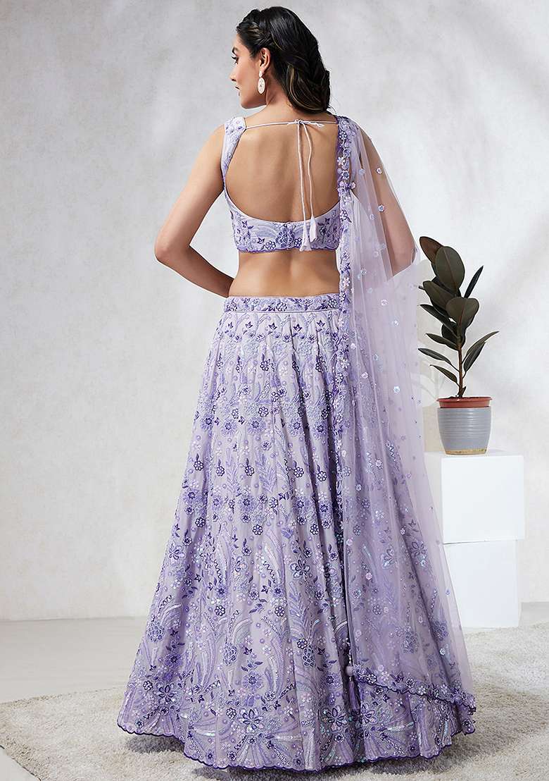 Lavender Sequin Embroidered Pure Georgette Lehenga Choli Set - Indya