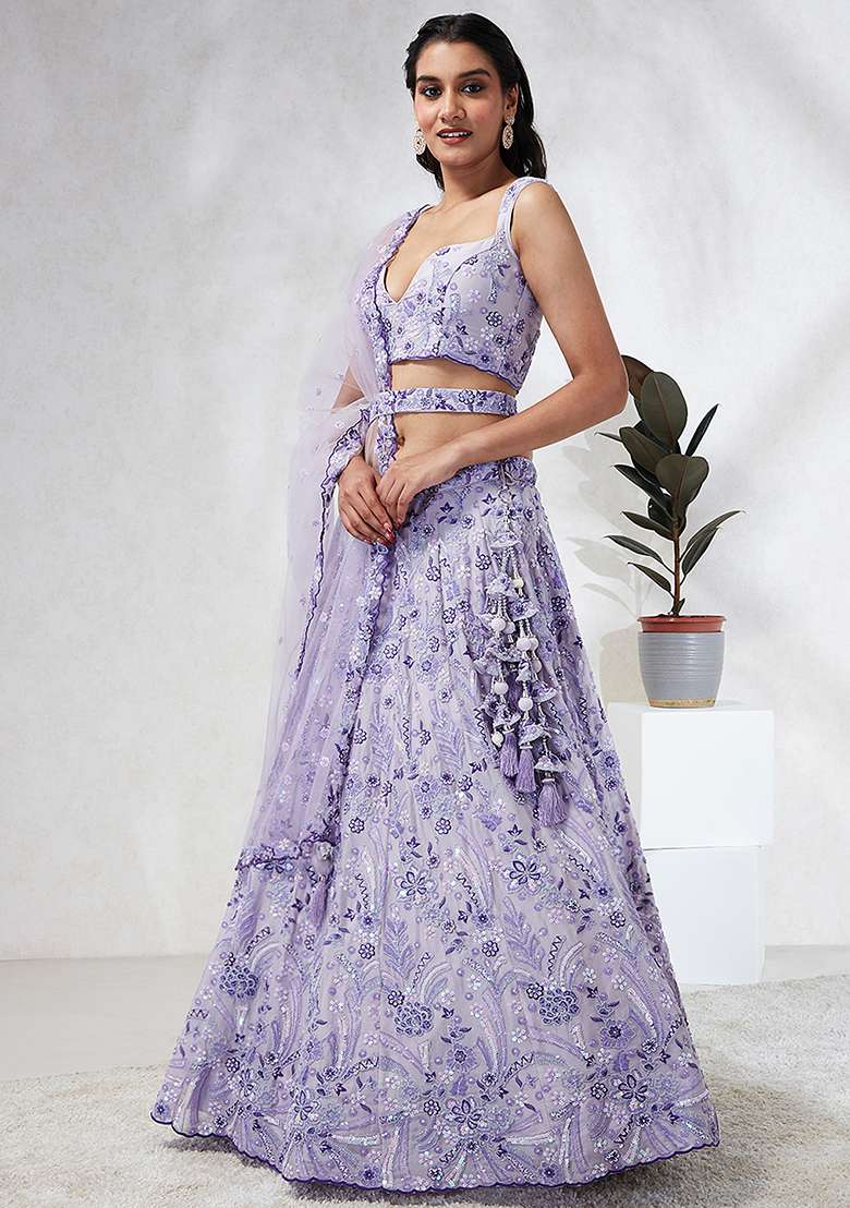 Lavender Sequin Embroidered Pure Georgette Lehenga Choli Set - Indya