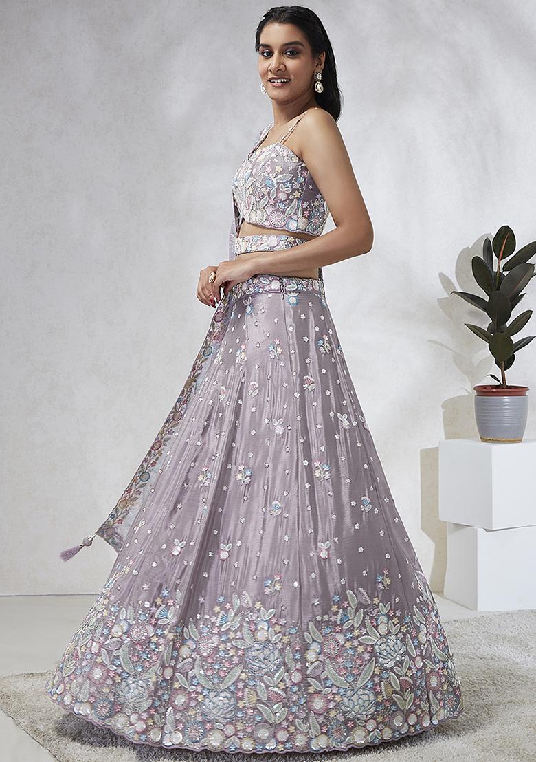 Mauve Embroidered Pure Georgette Lehenga Set - Indya