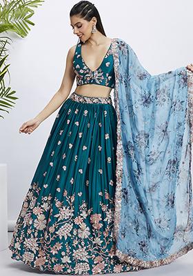 Teal Sequin Embroidered Pure Georgette Lehenga Set