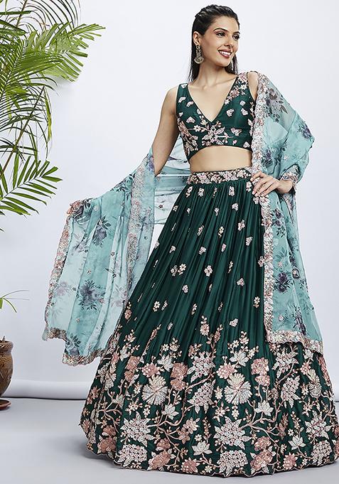 Green Sequin Embroidered Pure Georgette Lehenga Set