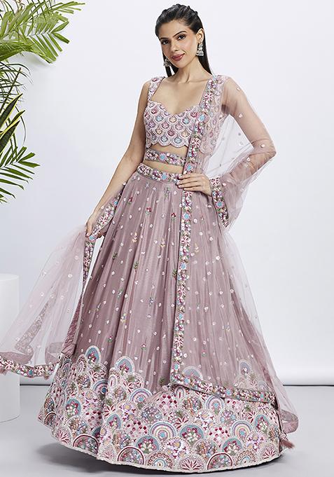 Rose Pink Sequin Embroidered Pure Georgette Lehenga Set