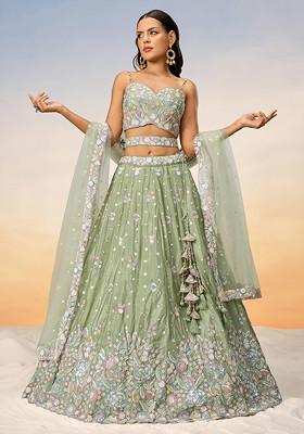 Lime Green Sequin Work Lehenga Set