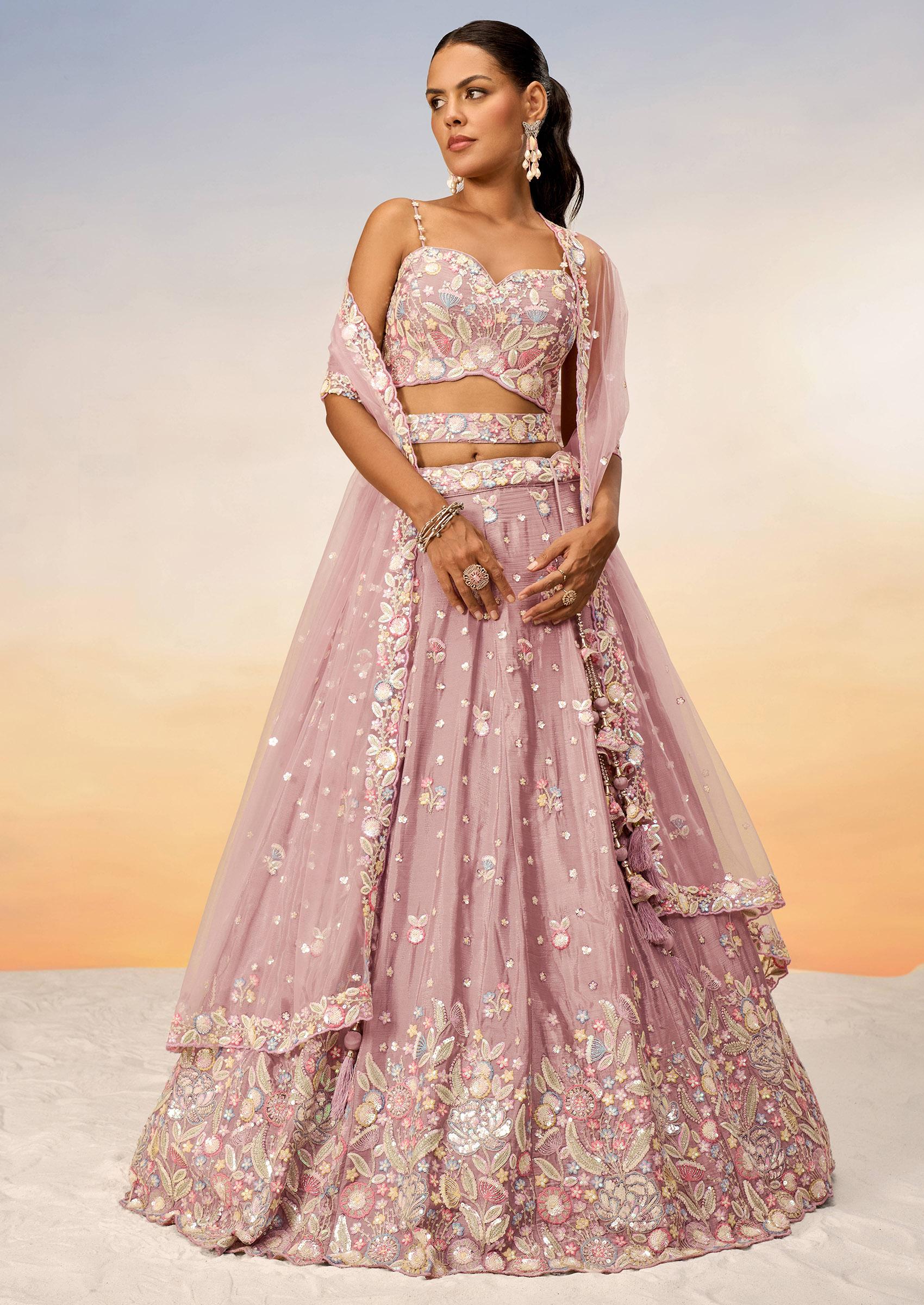 Rose Gold Sequin Work Lehenga Set - Indya