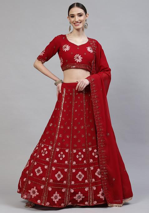 Red Sequin Embroidered Lehenga Set
