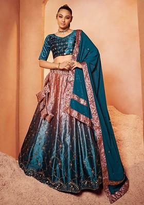Teal Blue Sequin Embroidered Velvet Lehenga Set