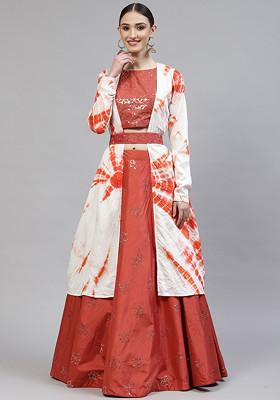 Rust Orange Sequin Embroidered Art Silk Lehenga Set