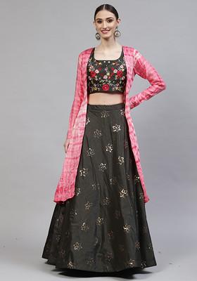 Olive Green Sequin Embroidered Art Silk Lehenga Set