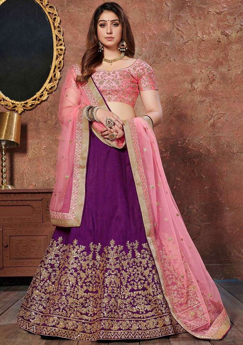 Purple Dori And Sequin Embroidered Art Silk Blend Lehenga Set for Diwali and Festive Wear - Indya