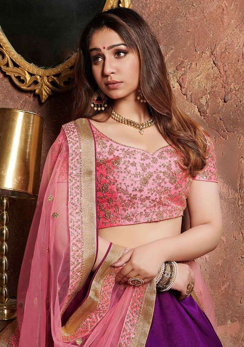 Purple Dori And Sequin Embroidered Art Silk Blend Lehenga Set for Diwali and Festive Wear - Indya