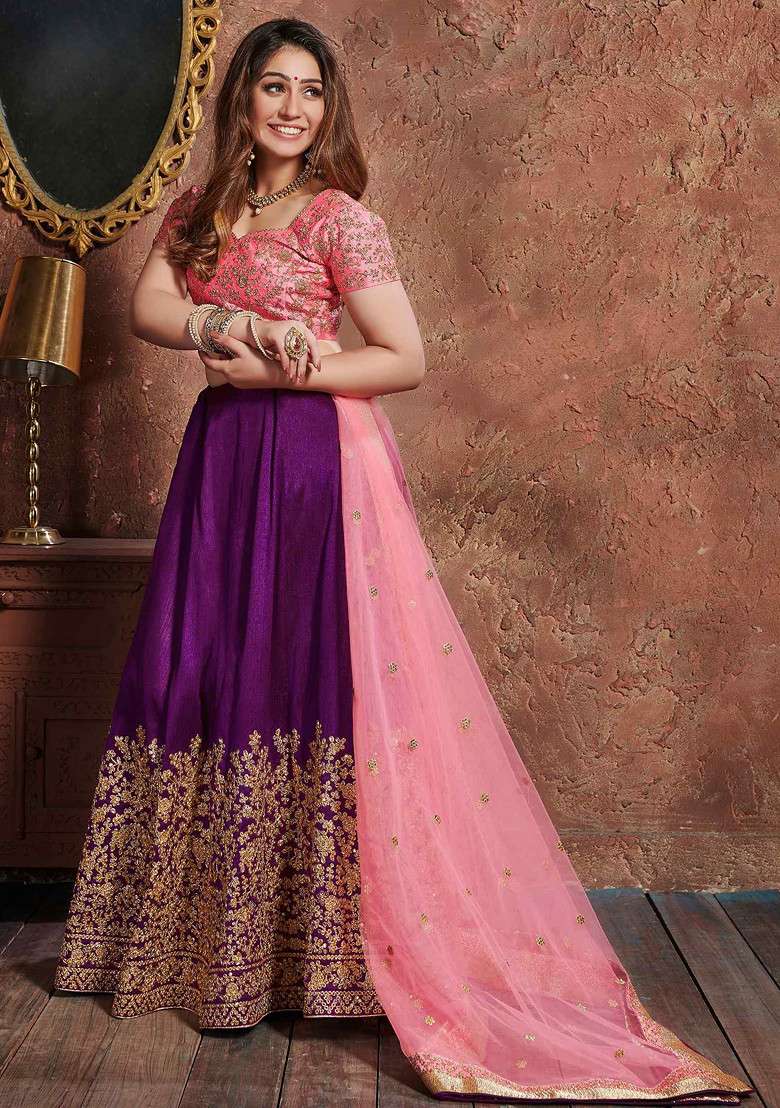 Purple Dori And Sequin Embroidered Art Silk Blend Lehenga Set for Diwali and Festive Wear - Indya