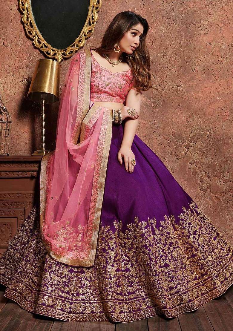 Purple Dori And Sequin Embroidered Art Silk Blend Lehenga Set for Diwali and Festive Wear - Indya